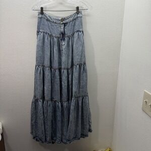 Oli & Hali Size S Faded Denim Maxi Skirt Tiered Boho Western Festival Chambray